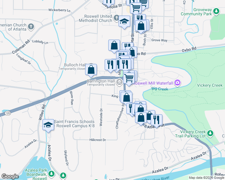 map of restaurants, bars, coffee shops, grocery stores, and more near 504 Barrington Drive in Roswell