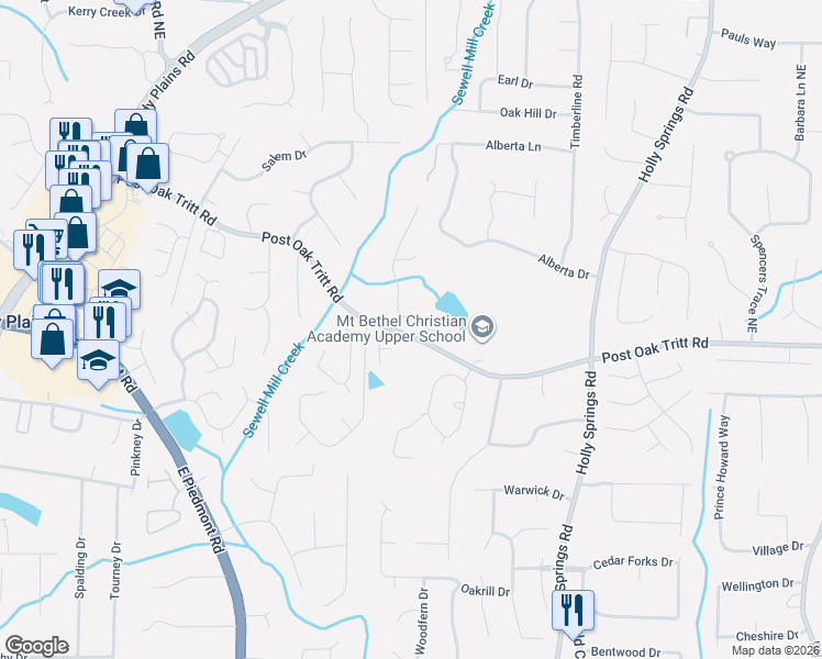 map of restaurants, bars, coffee shops, grocery stores, and more near 2405 Pondside Court in Marietta