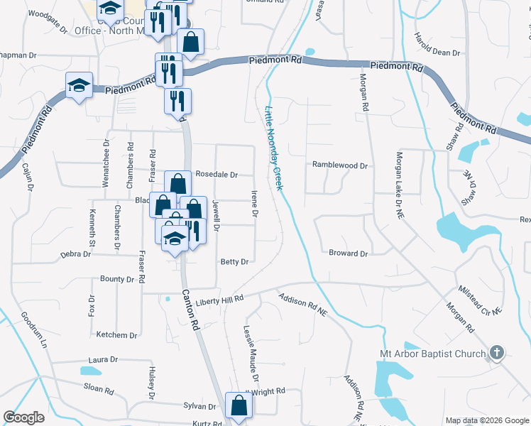 map of restaurants, bars, coffee shops, grocery stores, and more near 2530 Irene Drive in Marietta
