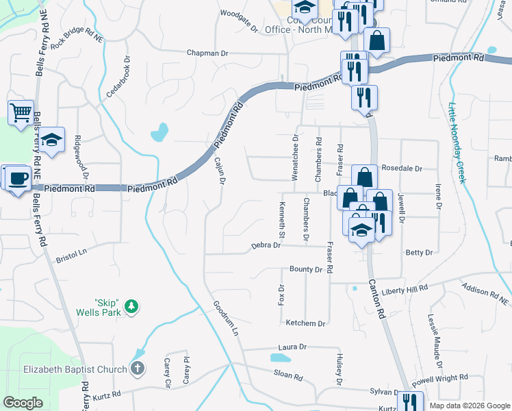 map of restaurants, bars, coffee shops, grocery stores, and more near 2542 Hidden Hills Drive in Marietta