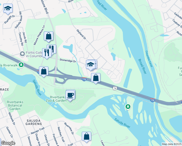 map of restaurants, bars, coffee shops, grocery stores, and more near 140 Stoneridge Drive in Columbia