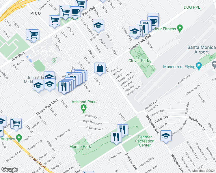 map of restaurants, bars, coffee shops, grocery stores, and more near 2124 Hill Street in Santa Monica