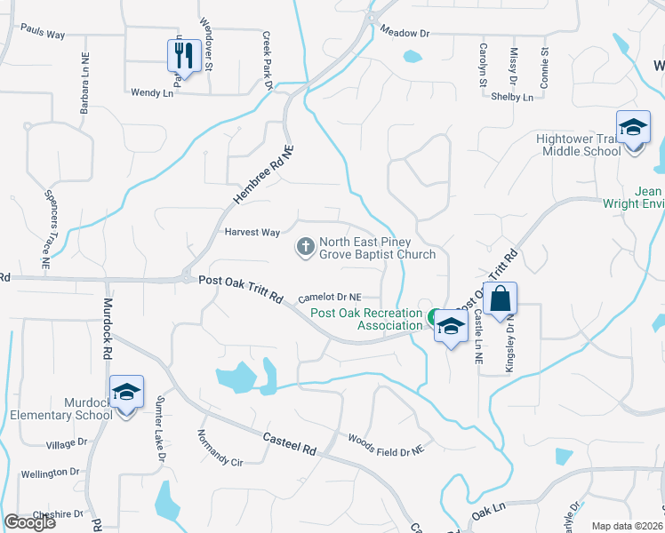 map of restaurants, bars, coffee shops, grocery stores, and more near 3421 Rocky Springs Court Northeast in Marietta