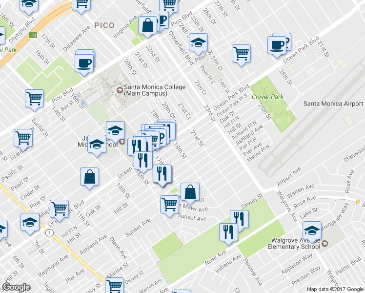 map of restaurants, bars, coffee shops, grocery stores, and more near 1810 Oak Street in Santa Monica