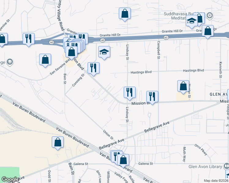 map of restaurants, bars, coffee shops, grocery stores, and more near 9881 Mission Boulevard in Riverside