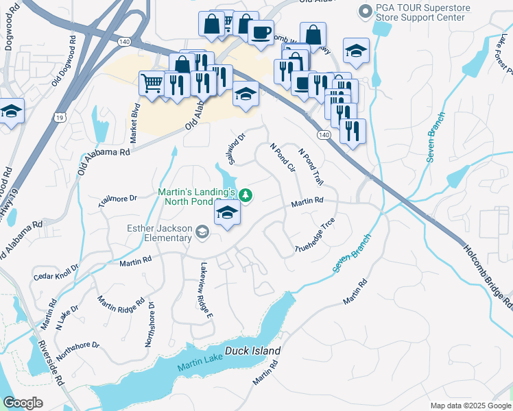 map of restaurants, bars, coffee shops, grocery stores, and more near 150 North Pond Court in Roswell
