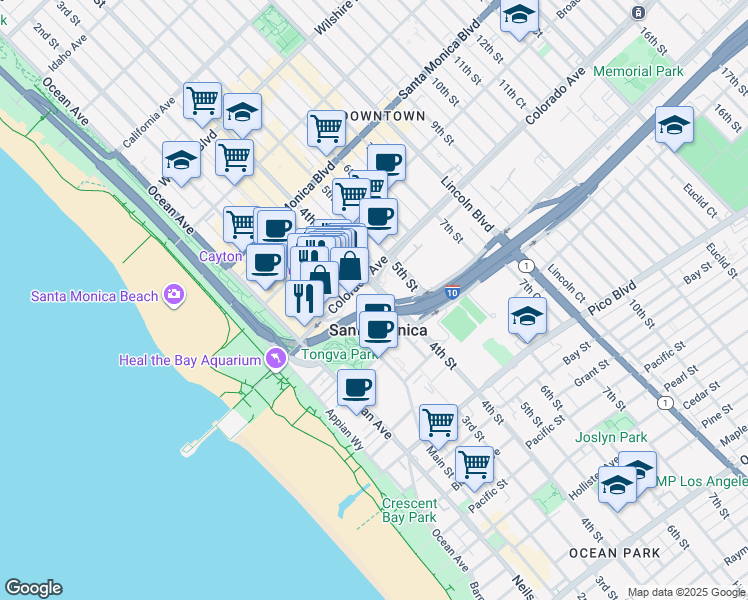 map of restaurants, bars, coffee shops, grocery stores, and more near 302 Colorado Avenue in Santa Monica