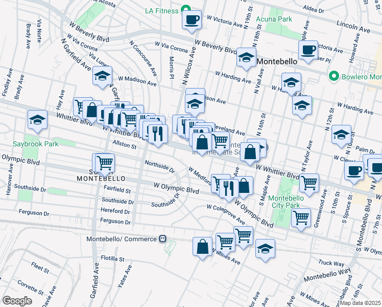 map of restaurants, bars, coffee shops, grocery stores, and more near 2051 West Whittier Boulevard in Montebello