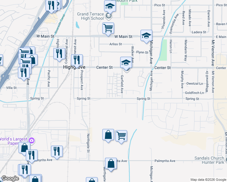 map of restaurants, bars, coffee shops, grocery stores, and more near 7463 Fig Grove Lane in Riverside