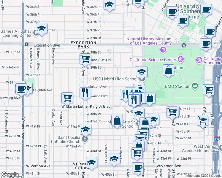 map of restaurants, bars, coffee shops, grocery stores, and more near 3955 1/2 South Budlong Avenue in Los Angeles