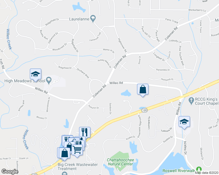 map of restaurants, bars, coffee shops, grocery stores, and more near 800 Willeo Road in Roswell