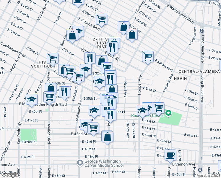 map of restaurants, bars, coffee shops, grocery stores, and more near 3401 South Central Avenue in Los Angeles