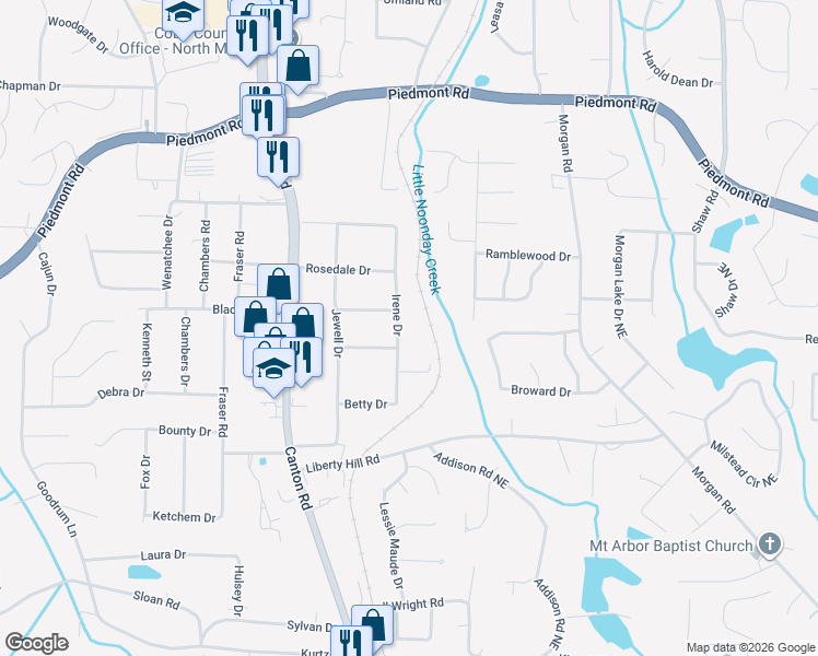 map of restaurants, bars, coffee shops, grocery stores, and more near 2530 Irene Drive in Marietta