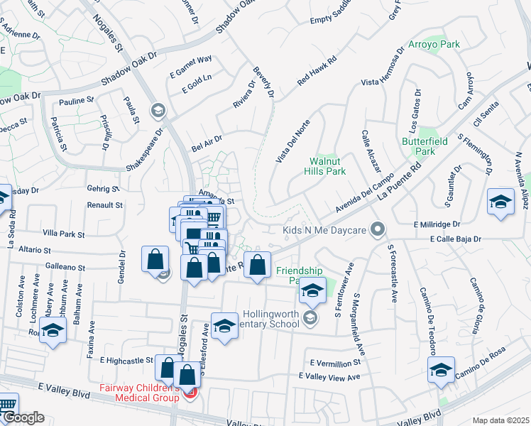 map of restaurants, bars, coffee shops, grocery stores, and more near 19308 Avenida Del Sol in Walnut