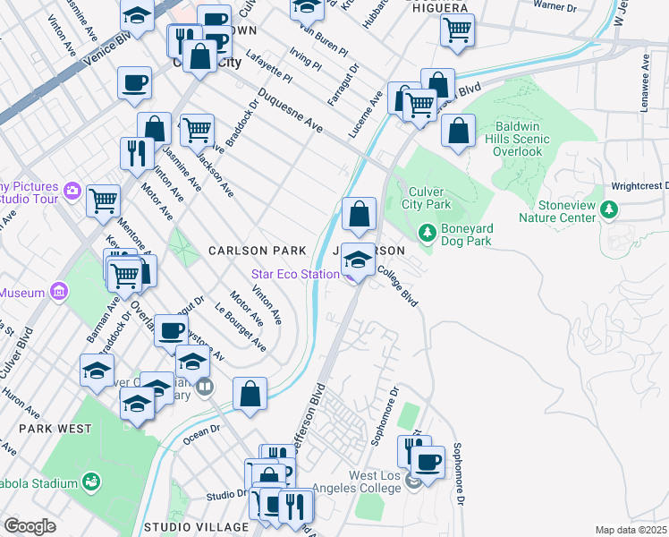 map of restaurants, bars, coffee shops, grocery stores, and more near 10113 Pearson Street in Culver City