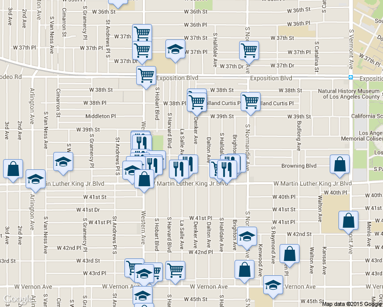map of restaurants, bars, coffee shops, grocery stores, and more near 3945 Denker Avenue in Los Angeles