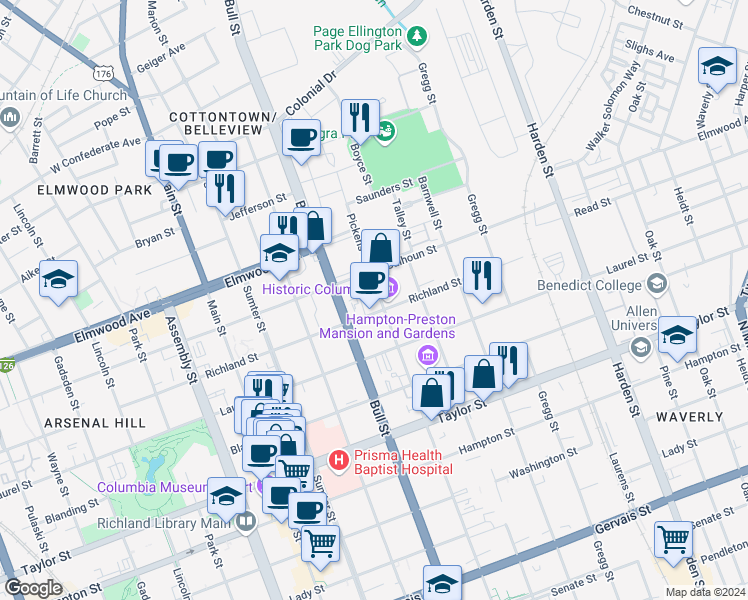map of restaurants, bars, coffee shops, grocery stores, and more near 1911 Pickens Street in Columbia