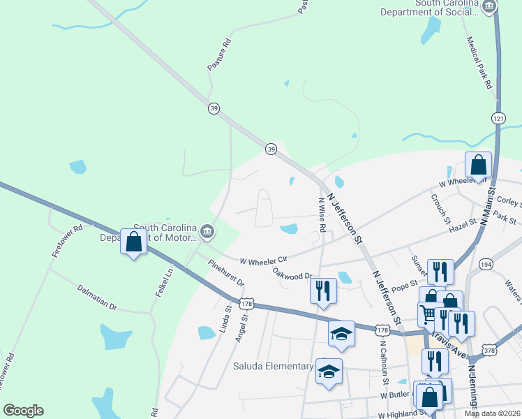 map of restaurants, bars, coffee shops, grocery stores, and more near 131 Spearpoint Loop in Saluda