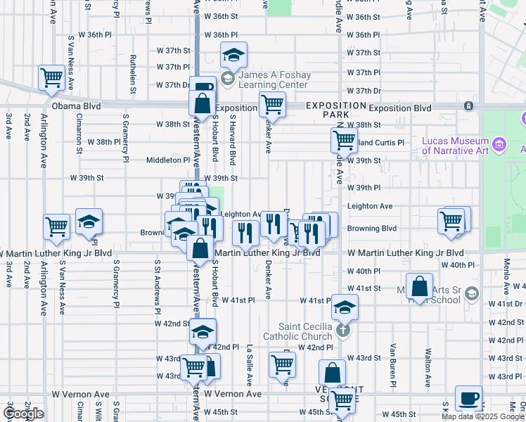 map of restaurants, bars, coffee shops, grocery stores, and more near 3945 Denker Avenue in Los Angeles
