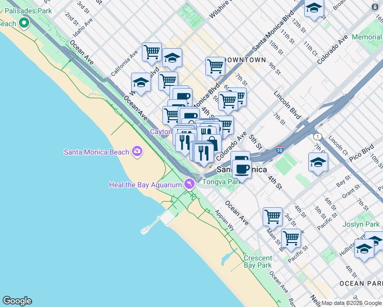map of restaurants, bars, coffee shops, grocery stores, and more near 120 Broadway in Santa Monica