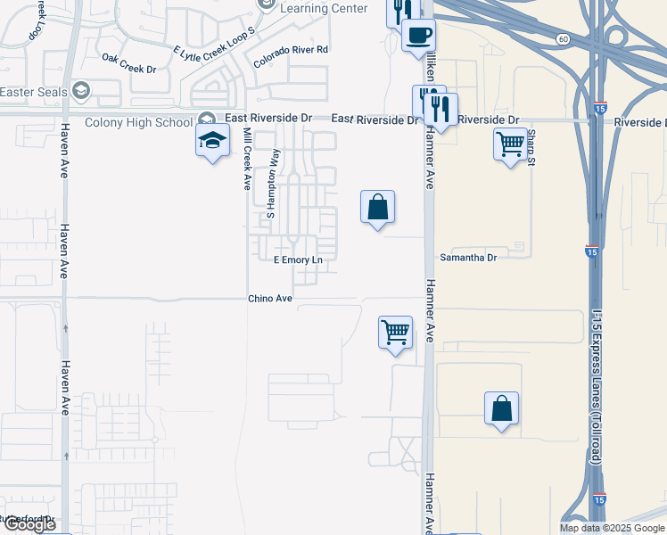 map of restaurants, bars, coffee shops, grocery stores, and more near 4098 East Emory Lane in Ontario