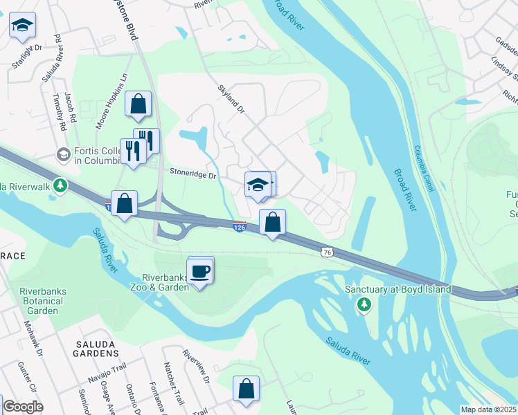 map of restaurants, bars, coffee shops, grocery stores, and more near 140 Stoneridge Drive in Columbia