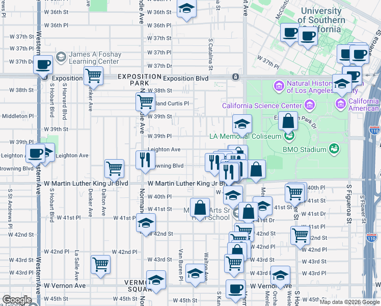 map of restaurants, bars, coffee shops, grocery stores, and more near 3955 1/2 South Budlong Avenue in Los Angeles