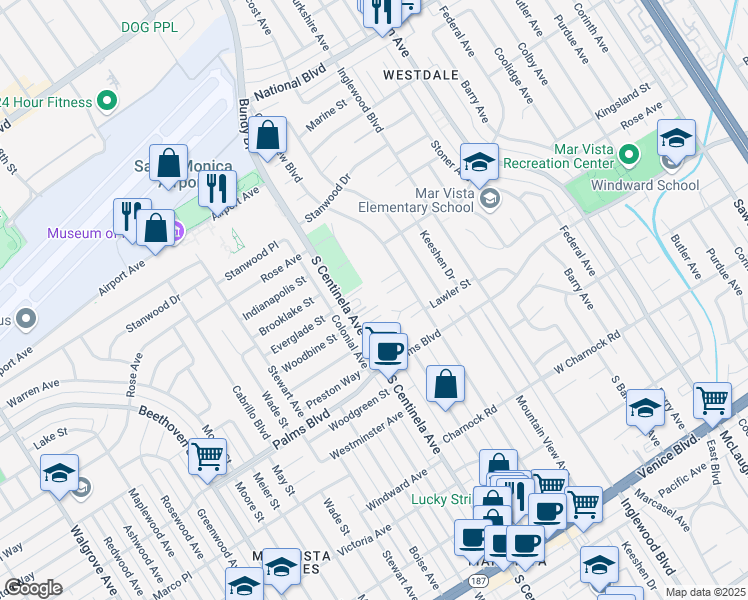 map of restaurants, bars, coffee shops, grocery stores, and more near 3406 South Centinela Avenue in Los Angeles