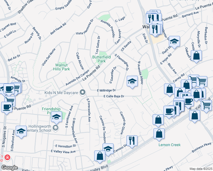 map of restaurants, bars, coffee shops, grocery stores, and more near 3349 East Millridge Drive in West Covina