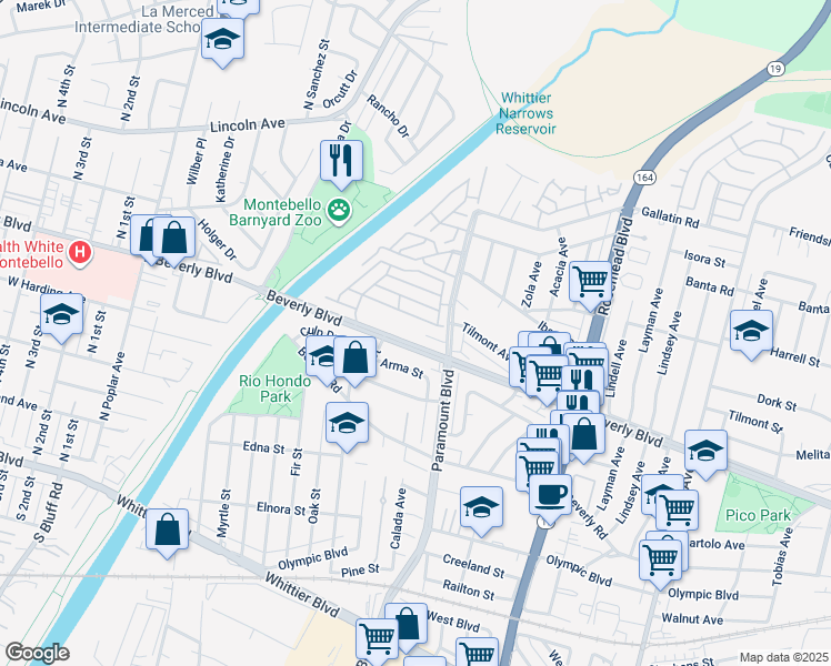 map of restaurants, bars, coffee shops, grocery stores, and more near 8615 Beverly Boulevard in Pico Rivera