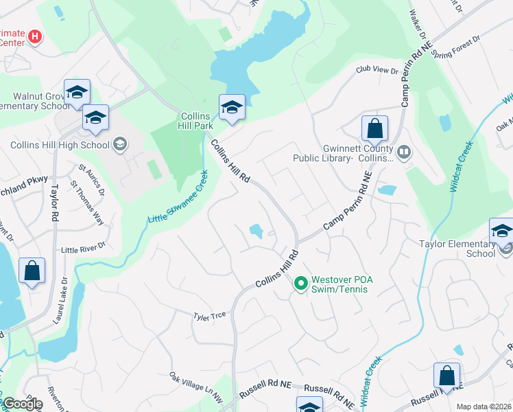 map of restaurants, bars, coffee shops, grocery stores, and more near 2072 Wildcat Falls Lane in Lawrenceville