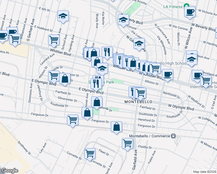 map of restaurants, bars, coffee shops, grocery stores, and more near East Easton Street in East Los Angeles