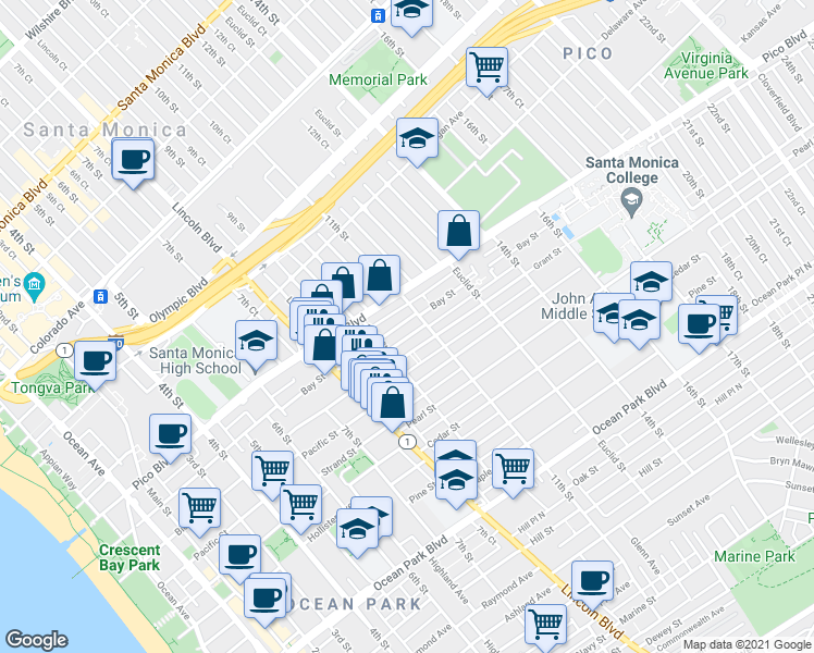 map of restaurants, bars, coffee shops, grocery stores, and more near 1101-1113 Bay Street in Santa Monica