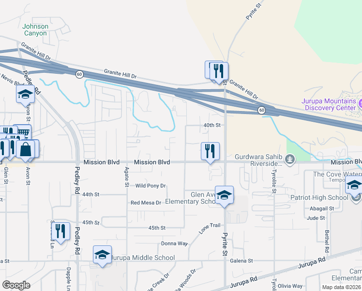 map of restaurants, bars, coffee shops, grocery stores, and more near 8389 Mission Boulevard in Riverside