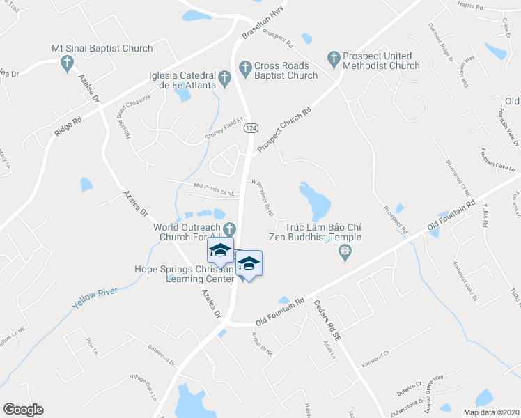 map of restaurants, bars, coffee shops, grocery stores, and more near 1423 West Prospect Drive Northeast in Lawrenceville