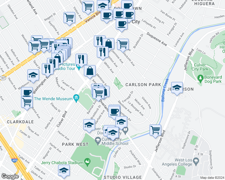 map of restaurants, bars, coffee shops, grocery stores, and more near 4200 Mentone Avenue in Culver City
