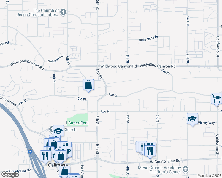map of restaurants, bars, coffee shops, grocery stores, and more near 34390 Avenue G in Yucaipa