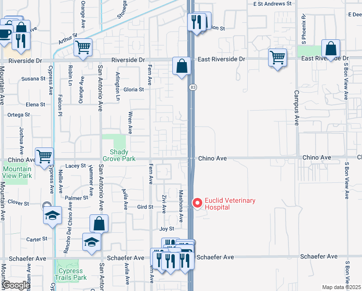 map of restaurants, bars, coffee shops, grocery stores, and more near 13175 Copra Avenue in Chino