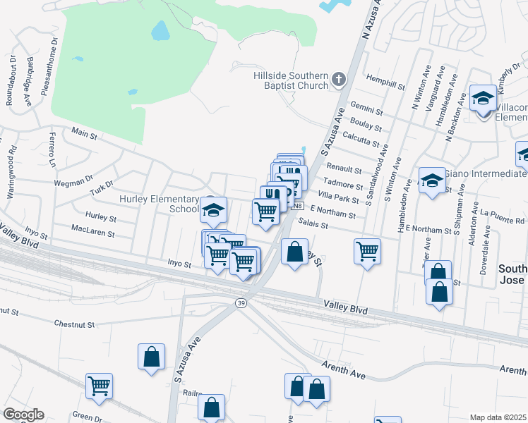 map of restaurants, bars, coffee shops, grocery stores, and more near 8 Leverett Avenue in La Puente