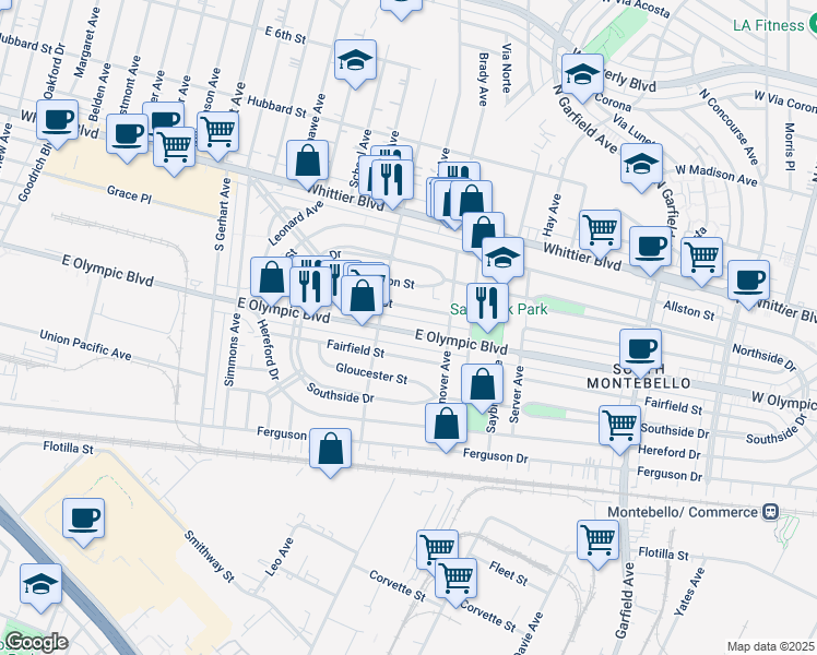 map of restaurants, bars, coffee shops, grocery stores, and more near 6128 East Olympic Boulevard in East Los Angeles