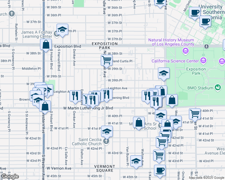 map of restaurants, bars, coffee shops, grocery stores, and more near 1253 1/2 Browning Boulevard in Los Angeles