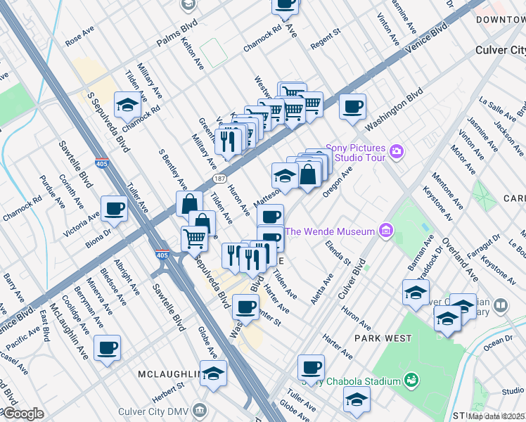 map of restaurants, bars, coffee shops, grocery stores, and more near 3924 Huron Avenue in Culver City