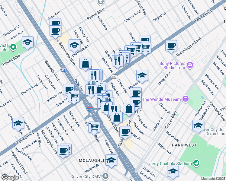 map of restaurants, bars, coffee shops, grocery stores, and more near 3856 Bentley Avenue in Culver City