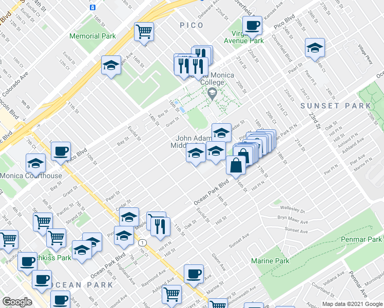 map of restaurants, bars, coffee shops, grocery stores, and more near 2401 14th Street in Santa Monica