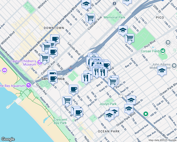 map of restaurants, bars, coffee shops, grocery stores, and more near 1829 7th Street in Santa Monica