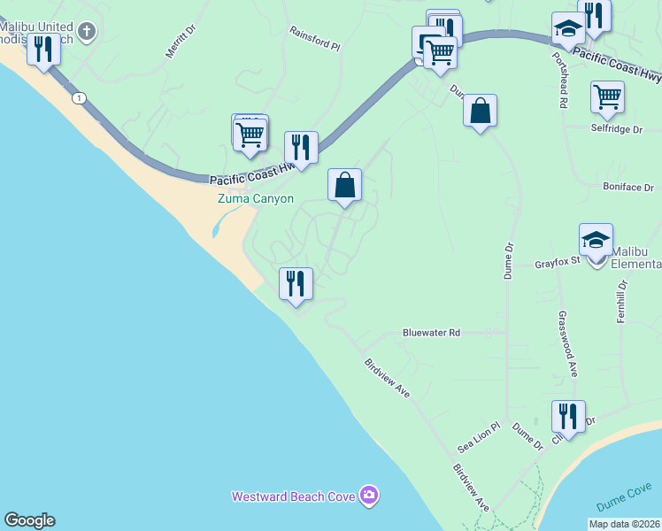 map of restaurants, bars, coffee shops, grocery stores, and more near 6813 Seawatch Lane in Malibu