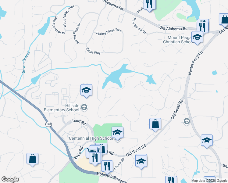 map of restaurants, bars, coffee shops, grocery stores, and more near 120 Forest Breeze Cove in Alpharetta