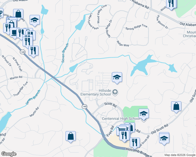 map of restaurants, bars, coffee shops, grocery stores, and more near 147 West Ridge Way in Roswell