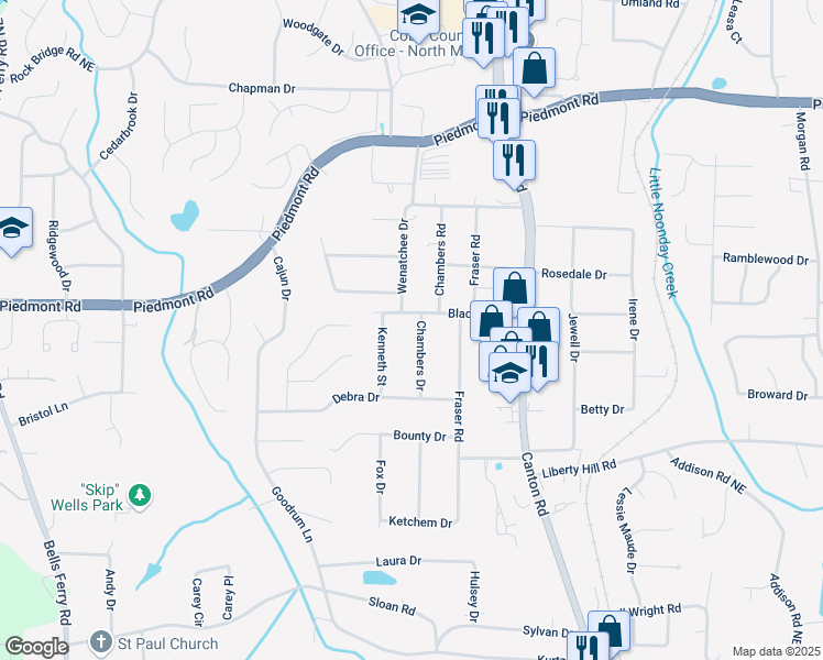 map of restaurants, bars, coffee shops, grocery stores, and more near 2527 Chambers Drive in Marietta
