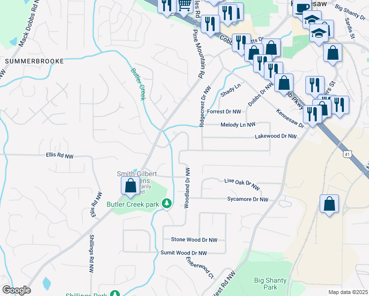 map of restaurants, bars, coffee shops, grocery stores, and more near 2596 Woodland Drive Northwest in Kennesaw
